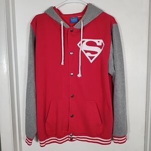 Vintage DC Comics Superman Logo Snap Up Hoodie Men's L Red Gray Varsity